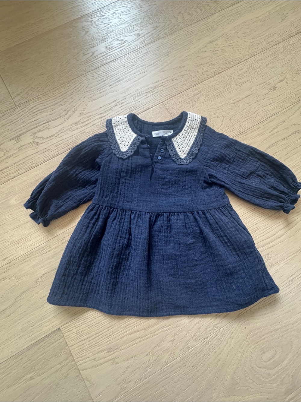 Zara Navy Cotton Dress with Cream Crochet Collar